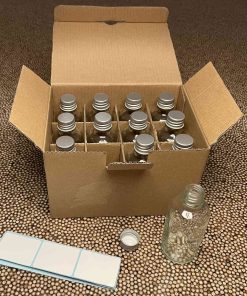 12 flacons verre transparent 5cl et capsule alu PP18 avec étiquettes